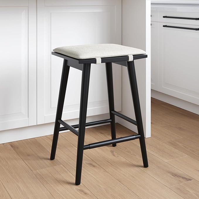 Nathan James Barker Counter Height Solid Wood Barstool with Upholstered Cushion, Backless Island Stool with Rubberwood Legs and Natural Textured Linen Upholstery for Kitchen, Black/White