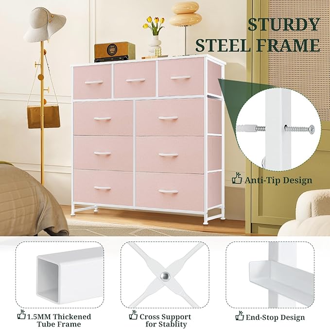 9-Drawer Dresser for Bedroom, Anti-Tip Tall Storage Organizer Chest of Drawers with Wooden Top and Metal Frame Fabric Bins for Closet, Living Room, Hallway, Entryway, Pink