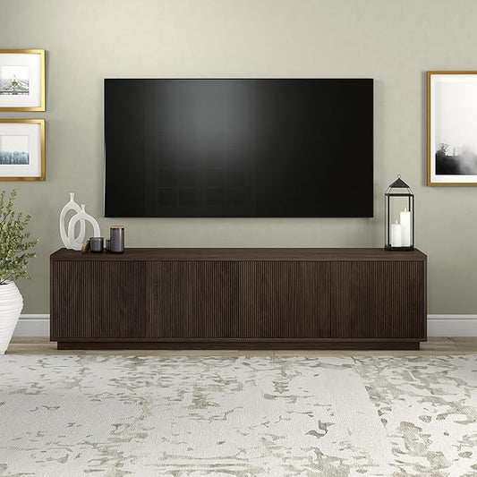 Henn&Hart Fluted TV Stand for TVs up to 85" with 2 Concealed Ribbed Storage Cabinets and Adjustable Shelves for Living Room, Family Room, or Office, Warm Brown