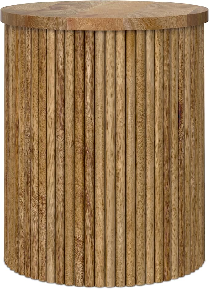 SIMPLIHOME Demy End Table - 18 inch Wide Solid Mango Wood Round Accent Table in Natural, Handcrafted Industrial Nightstand or Lamp Stand for Living Room or Bedroom with Slatted Base, Assembled