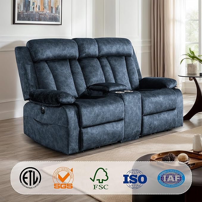 Power Reclining Loveseat with Heat & Massage, Dual Recliner Sofa with Console, Cup Holders, USB & Type-C Ports, 2 Seater Electric Reclining Couch for Living Room, RV (Blue, 2 Seat)