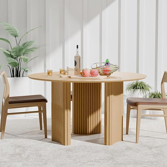 Casaphoria 52" Round Dining Table for 4-6, Farmhouse Style Table with Stripes Base, Easy Assembly for Living Room, Kitchen, Bar, Oak