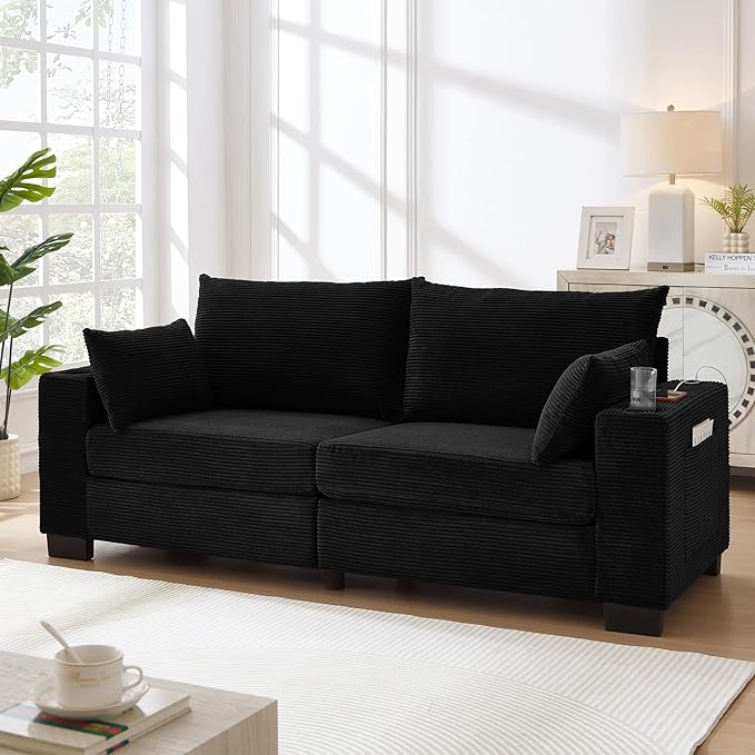 Eafurn 78" Corduroy Loveseat Sofa, Modern 2 Seater Couch with Dual Cup Holders & USB Charging Ports, Comfy Upholstered Small Sofa with Side Storage Pockets for Apartment, Living Room