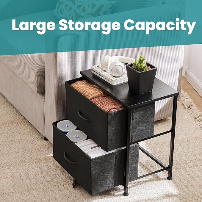 NEWBULIG Nightstand Small Dresser with 2 Fabric Drawers 25 Inch Tall Bedside Table Storage Furniture for Bedroom Closet Entryway College Dorm Black