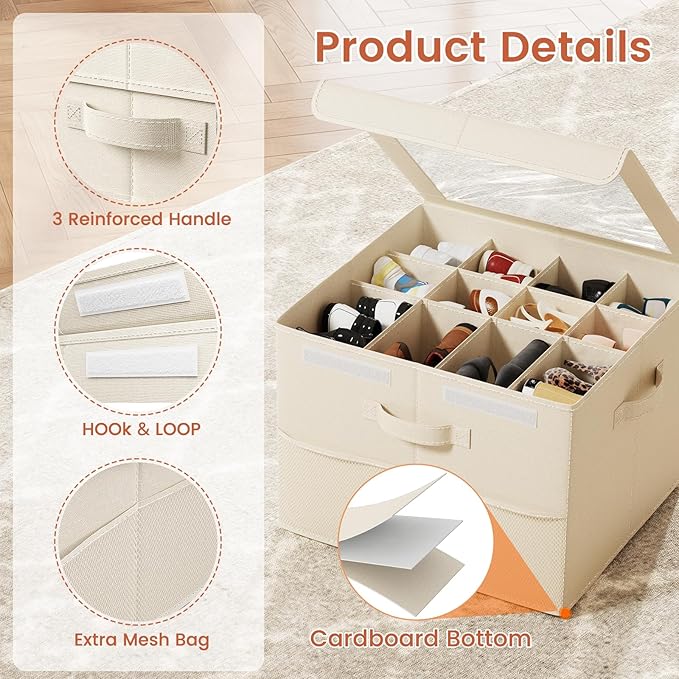 PHINOX Shoe Organizer for Closet, Fits 12-24 Pairs, Shoe Storage Bins with Clear Cover and Reinforced Handles, Foldable Shoe Storage Organizer, Space Saving Shoe Holder for Wardrobe, 1 Pack Beige