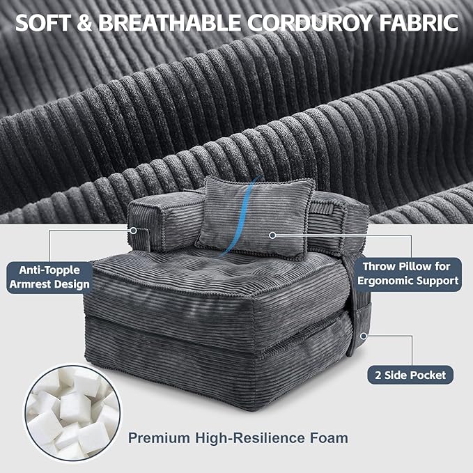 Folding Sofa Bed Chair with Armrests, Convertible Futon Couch Sleeper Chair for Adults, Fold Out Boneless Chair Bed, Foldable Sofa Lounge for Small Spaces, with Pillow, Dark Grey