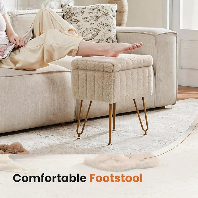 DUMOS Vanity Stool Chair, Ottoman with Storage, Makeup Cute Soft Small Footstool, Modern Style Faux Fur Seat with 4 Metal Legs & Adjustable Feet for Dressing, Living Room Bedroom Dorm, Camel