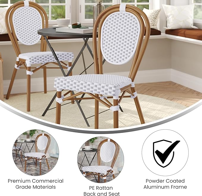 Flash Furniture Lourdes Indoor/Outdoor Commercial Thonet Bistro Stack Chair - White/Gray PE Rattan Back and Seat - Natural Bamboo Print Metal Frame