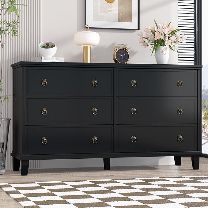 Black Dresser for Bedroom, 53.1'' Wide Chest of Drawers with 6 Drawers, Large Storage Wooden Dresser for Living Room, Entryway, Hallway