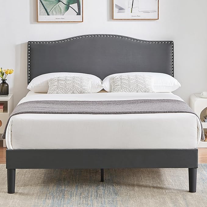 VECELO Queen Bed Frame, Platform Bed Frame with Adjustable Height Upholstered Headboard, Heavy-Duty Frames and Strong Wooden Slats Support, Non-Slip and Noise-Free, Easy Assembly, Dark Grey