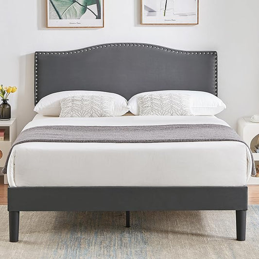 VECELO Queen Bed Frame, Platform Bed Frame with Adjustable Height Upholstered Headboard, Heavy-Duty Frames and Strong Wooden Slats Support, Non-Slip and Noise-Free, Easy Assembly, Dark Grey