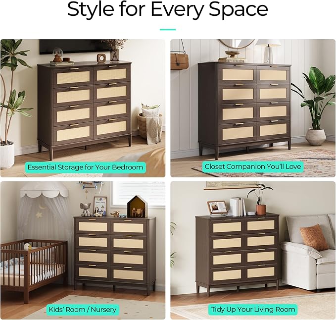 LINSY Rattan 8 Drawer Dresser for Bedroom, 47" Wide Mid-Century Modern Tall Chest of Drawers, Deep Storage Dresser with Curved Corner Design, Large Accent Wood Cabinet for Bedroom, Walnut