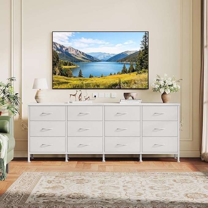 DUMOS TV Stand for Bedroom with Storage TV Stands for Living Room White, 12 Drawer Dresser Farmhouse Entertainment Center for up to 80 Inch TVs, Media Console Table with Metal Frame Adjustable Feet