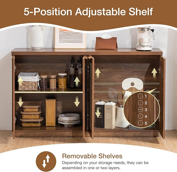 HOMMPA 55'' Sideboard Buffet Cabinet with Storage Boho Kitchen Buffet Cabinet with 4 Doors and Adjustable Shelves, Rattan Credenza Wood Coffee Bar Cabinets/Table for Living Room, Hallway & Kitchen