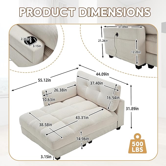 Oversized Lounge Chaise Convertible Sleeper Sofabed, Corduroy Sleeper Daybed Indoor Recliner Chair Sofa Bed with Cupholders and Adjustable Headrests for Living Room Bedroom Reading Home Apartment