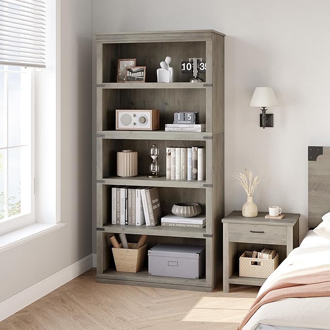 GAOMON 5 Tier Bookcase, Farmhouse Book Shelf with Storage Open Display Bookshelves, 67.4" Tall Book Case Wooden 5 Shelf Bookcase Home Decor Furniture for Home Office, Living Room, Bed Room - Grey