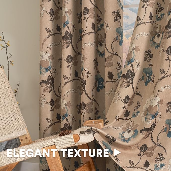 H.VERSAILTEX Blackout Curtains for Bedroom/Living Room Thermal Insulated Printed Curtain Drapes 96 Inches Long Energy Efficient Room Darkening Curtains Pair (2 Panels), Vintage Floral Brown & Blue