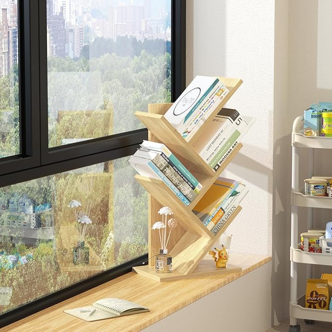 5 Tier Tree Book Shelf, Small Desktop Bookshelf with Storage Organizer, Wood Bookcase, Desk Display Bookshelves, Floor Standing Organizer Bookcases for Living Room,Bedroom,Office-Natural