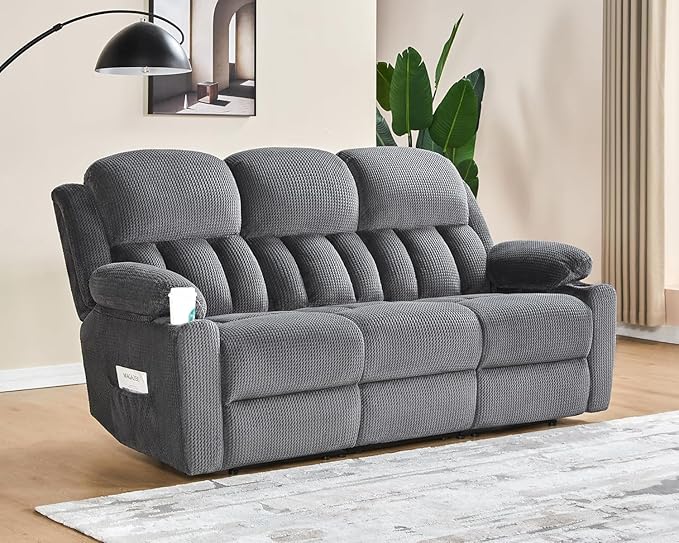 Jocisland 85" Manual Reclining Sofa, 3 Seater Recliner Couch with Dual Wingback Recliners & Cup Holders, Comfy Oversized Living Room Sofa, Grey