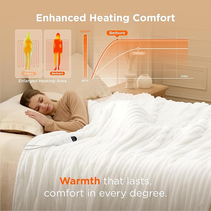 Bedsure Electric Blanket Twin - Thick Striped Flannel Electric Blanket, Heating with 10 Time Settings, 6 Heat Settings, and 8-Hour Timer Auto Shut Off, Gift for Grandma (62x84 inches, White)