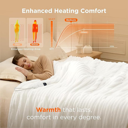 Bedsure Electric Blanket Twin - Thick Striped Flannel Electric Blanket, Heating with 10 Time Settings, 6 Heat Settings, and 8-Hour Timer Auto Shut Off, Gift for Grandma (62x84 inches, White)