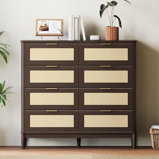 LINSY Rattan 8 Drawer Dresser for Bedroom, 47" Wide Mid-Century Modern Tall Chest of Drawers, Deep Storage Dresser with Curved Corner Design, Large Accent Wood Cabinet for Bedroom, Walnut