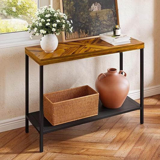 Bme Vivian Console Table, Solid Acacia Wood Entryway Table Without Drawer, Rustic Golden Brown Mid Century Modern Hallway Table, Sofa Table for Living Room or Foyer