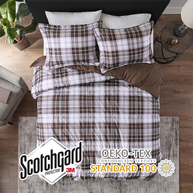 Madison Park Essentials Parkston Plaid Comforter, Matching Sham, 3M Scotchguard Stain Release Cover, Hypoallergenic All Season Bedding-Set, Twin/ Twin XL, Brown, 2 Piece