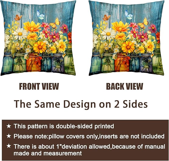 Daisy Floral Pillow Covers 20x20 Set of 2 Rustic Flower Mason Jar Wood Board Decorative Throw Pillow Cases Spring Summer Vintage Flowers Bloom Outdoor Pillowcase for Farmhouse Living Room Decor