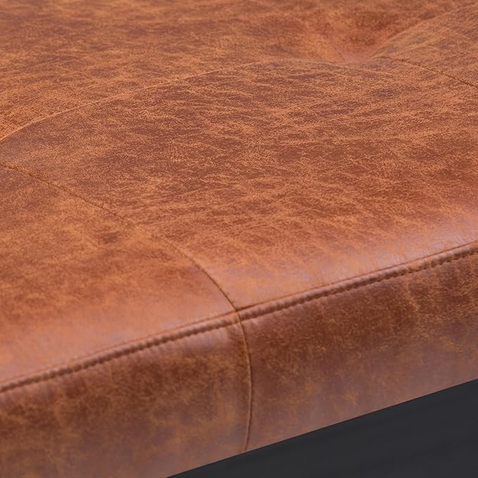 SIMPLIHOME Lacey Tufted Ottoman Bench - 41 inch Wide Upholstered Vegan Leather Rectangle Ottoman in Distressed Saddle Brown, Contemporary Bench for Bedroom or Entryway with Stitching Detail, Assembled