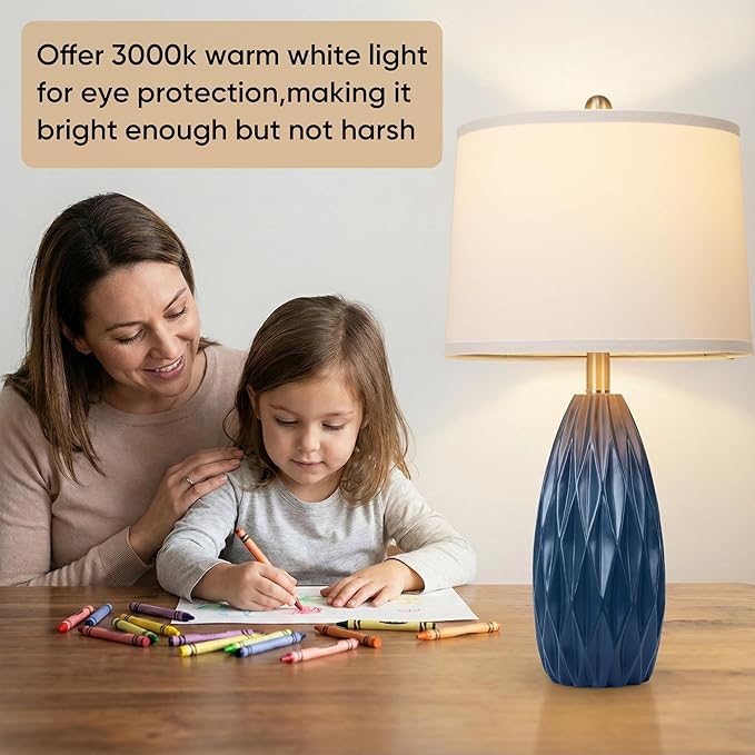 Modern Table Lamp for Living Room, Bedside Lamp Set of 2, Navy Blue Resin Table Lamp, Bedroom Lamp for Nightstand with Linen Shade, Diamond-Shaped Lamp Body,Desk Lamp for House Dorm(2 Bulbs Included)