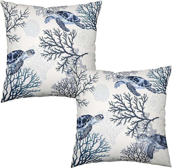 Coastal Coral Sea Turtle Throw Pillow Covers 22x22 Set of 2 Summer Nautical Beachy Decorative Pillow Cases Ocean Themed Blue White Cushion Cases for Outdoor Couch Patio