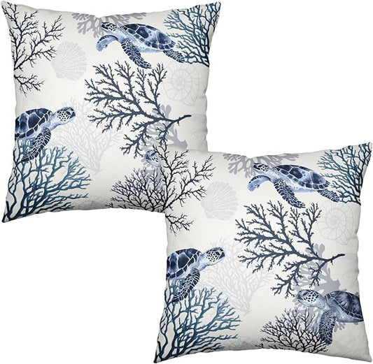 Summer Ocean Beach Throw Pillow Covers Nautical Coastal Sea Turtle Coral Outdoor Decorative Pillow Cover 24x24 Set of 2 Farmhouse Square Pillowcases for Living Room Couch Sofa
