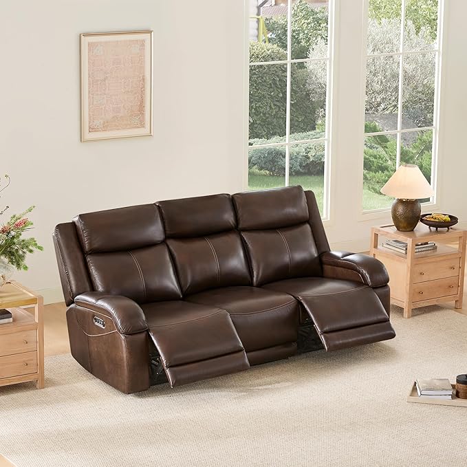 Watson & Whitely Genuine Leather Power Recliner Sofa, 3 Seater Wall Hugger Reclining Sofas with Power Headrest, USB & TypeC Ports, Electric Recliner Couch Set for Living Room, Dark Brown