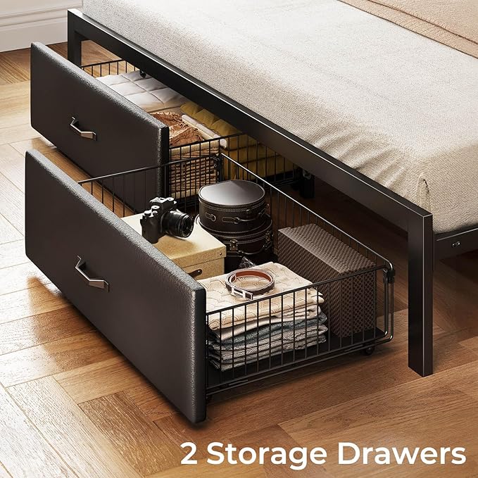 Rolanstar Bed Frame King Size with Drawers and Charging Station, Upholstered Platform Bed with Storage Headboard and LED Light, Heavy Duty Metal Frame Support, No Box Spring Needed, Noise Free, Black