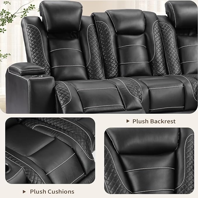 ANJ Power 3-Piece Electric Recliner Sofa and 2PCS Recliner Chairs with LED Lights, USB Charging & Storage, Faux Leather Living Room Furniture for Home Theater (Black)