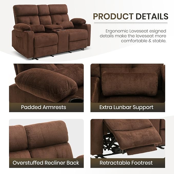 Power Reclining Loveseat with Console, Power Loveseat Recliner Sofa with Heat and Massage, Extended Footrest, Wall Hugger Recliner Loveseat with Lumbar Supports, Side Pockets for Living Room