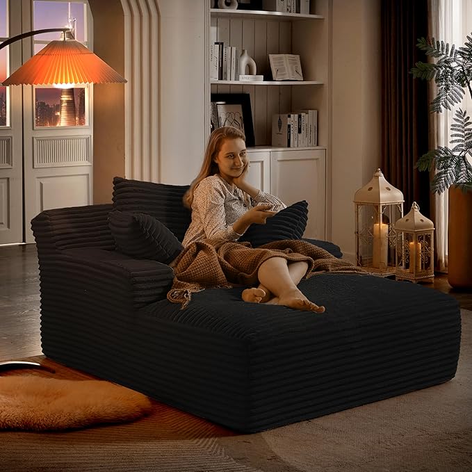 49.2" Full Foam Oversized Chaise Lounge Chair Cozy Cloud Couch, Modern Plush Corduroy Upholstered Sleeper Sofa Daybed with 3 Throw Pillows and Wide Armrest for Living Room, No Assembly Required