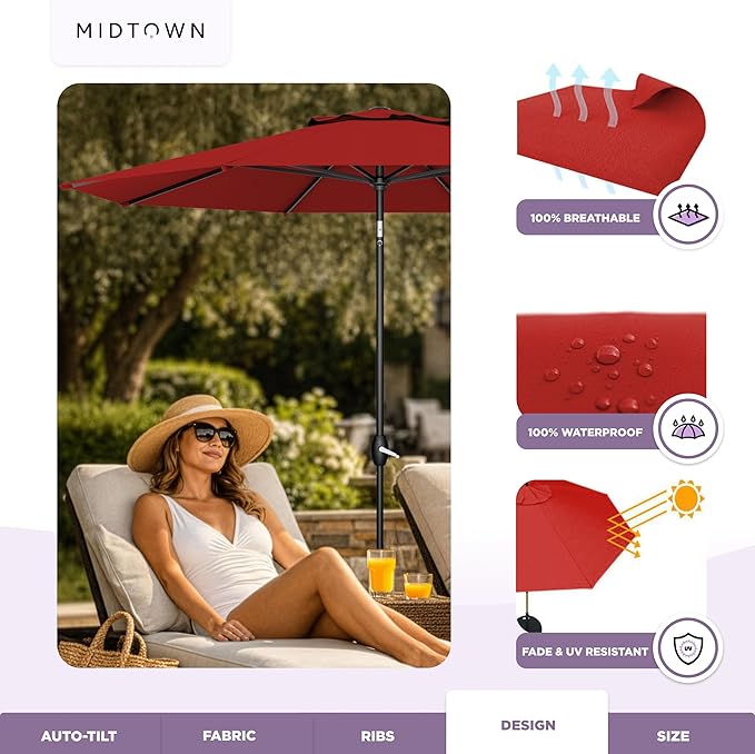 Midtown Umbrellas - The Lean 10 Ft Patio Umbrella with Fade-Resistant Sunbrella Fabric, Auto-Tilt Aluminum Frame and 8 Reinforced Ribs for Deck, Pool & Garden - Red Canopy, Black Pole