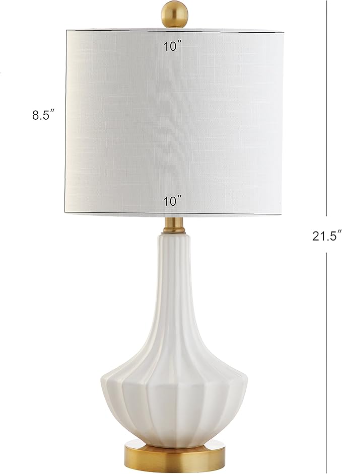 JONATHAN Y 21.5" White Ceramic Mini Table Lamp with Brass Accents, Modern Contemporary Fluted Design with White Linen Shade for Bedroom Living Room, LED Bulb Included JYL1030A
