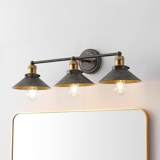 JONATHAN Y 7.88" Rustic Dark Gray/Brass Gold 1-Light Industrial Farmhouse Metal Vanity Light Wall Sconce, Metal Shade for Bathroom Mirror, Kitchen, Entryway, LED Bulb Included (JYL7428D)