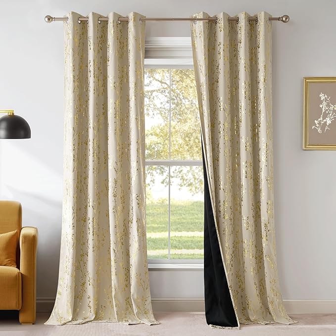 NICETOWN 100% Blackout Beige Curtains for Bedroom, Grommet Gold Foil Printed Floral Blackout Window Treatment Thermal Drapes for Living Room/Nursery, W52 x L63, 2 Panels