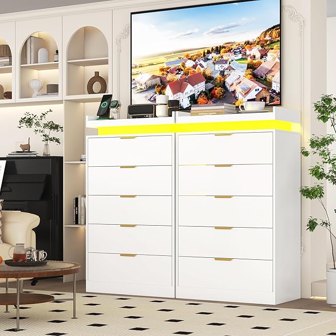 Tall Dresser for Bedroom, White Dresser with LED Lights, Wood 5 Drawer Chest with Power Outlet, Modern Chest of Drawers for Bedroom, Living Room, Entryway, Hallway