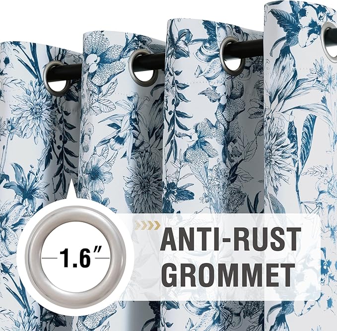 H.VERSAILTEX Blackout Curtains 63 Inch Length 2 Panels Set Floral Print Curtain Drapes for Living Room Thermal Insulated Grommet Window Curtains for Bedroom - French Jouy Flora in Stone Blue
