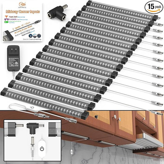 EBD LED Under Cabinet Lights Hardwired Built-in Adjustable Cable Midway Input Under Counter Lights for Kitchen Sink Light 15 Pcs 6750 Lm 6500K Super-Bright for Closet Shelves Shelf Locker & Bookcase