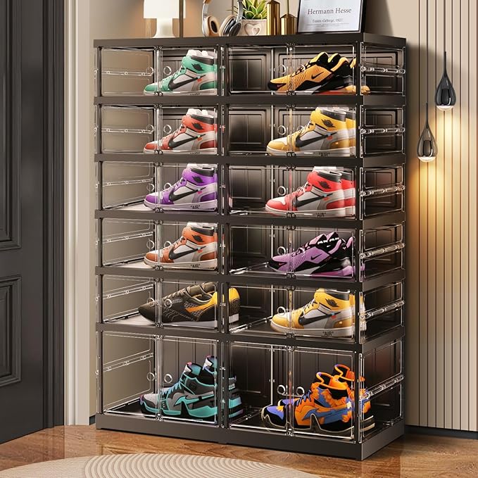 6-Tier Foldable Shoe Rack for Closet Entryway 12-24Pairs,Stackable Clear Shoe Storage Boxes Organizer with Door Plastic Shoe Cabinet Bins with Lids Shoes Shelf Easy Assembly Large Black