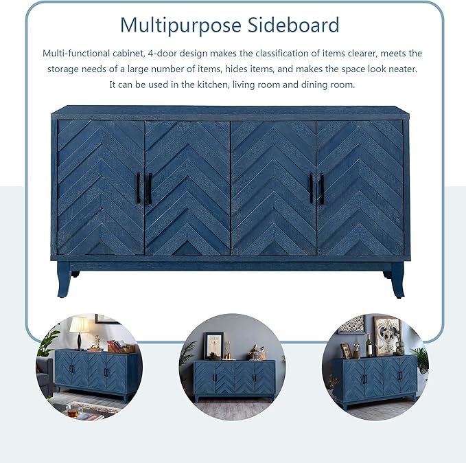 60" Accent Sideboard with Adjustable Shelf,Modern Farmhouse Accent Cabinet W/Solid Wood Legs,Console Credenza Buffet Table,for Kitchen Dining Room Entryway Hallway,Antique Navy Blue