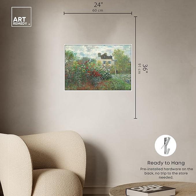 Art Remedy Monet-Garden With Dahlias Impressionism Classic Landscape Paintings Canvas Wall Art, White Floater Frame, 24"x36"
