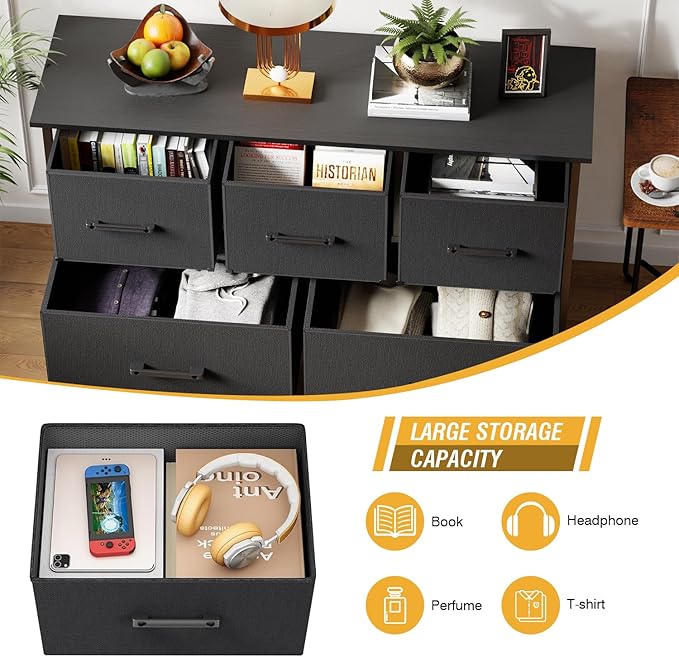 FDW 5 Fabric Drawers Dresser for Bedroom,Chest Organizer Units with Steel Frame and Wooden Top for Bedroom,Closet,Living Room, Entryway,Black