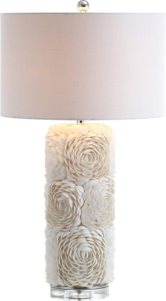 JONATHAN Y 28.5" Cream Seashell Resin and Crystal LED Table Lamp, Coastal Floral Mosaic Column Lamp with White Linen Drum Shade for Living Room, LED Bulb Included JYL1006A